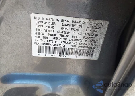 2013 Honda Fit из США, поврежденный, VIN JHMGE8H39DC023308